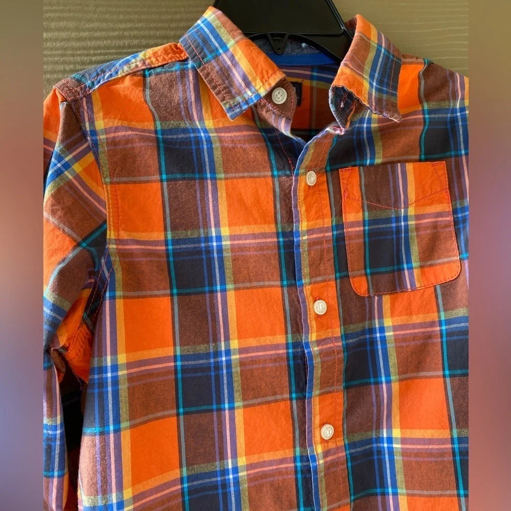 OshKosh B'Gosh Boys' Orange Blue Plaid Woven Buttonfront Cotton Shirt Size 14